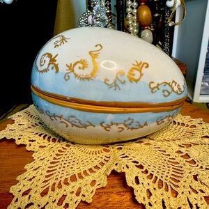 Vintage Porcelain Blue and Gold Egg Trinket Box